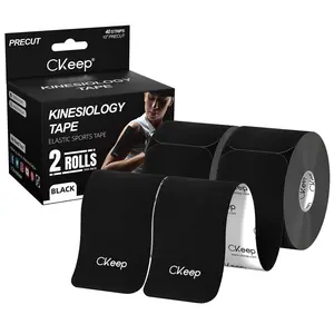 Ckeep Precut Kinesiology Tape, 2 Rolls - Original Cotton, Latex-Free tapes for Knee, Shoulder Pain, Injuries & Sprains (Black)