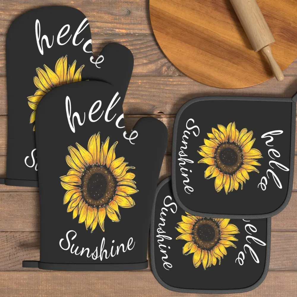 4pcs Heat Resistant Oven Mitts And Potholders Sunflower Pattern Oven Mitts And Pot Holders Sets Suitable For Home Kitchen Decoration, Cooking, Grilling, Baking And Great Holiday Camping Picnics Gifts Kitchenware