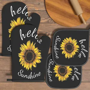 4pcs Heat Resistant Oven Mitts And Potholders Sunflower Pattern Oven Mitts And Pot Holders Sets Suitable For Kitchen Decoration, Cooking, Grilling, Baking And Great Holiday Camping Picnics Gifts Kitchenware