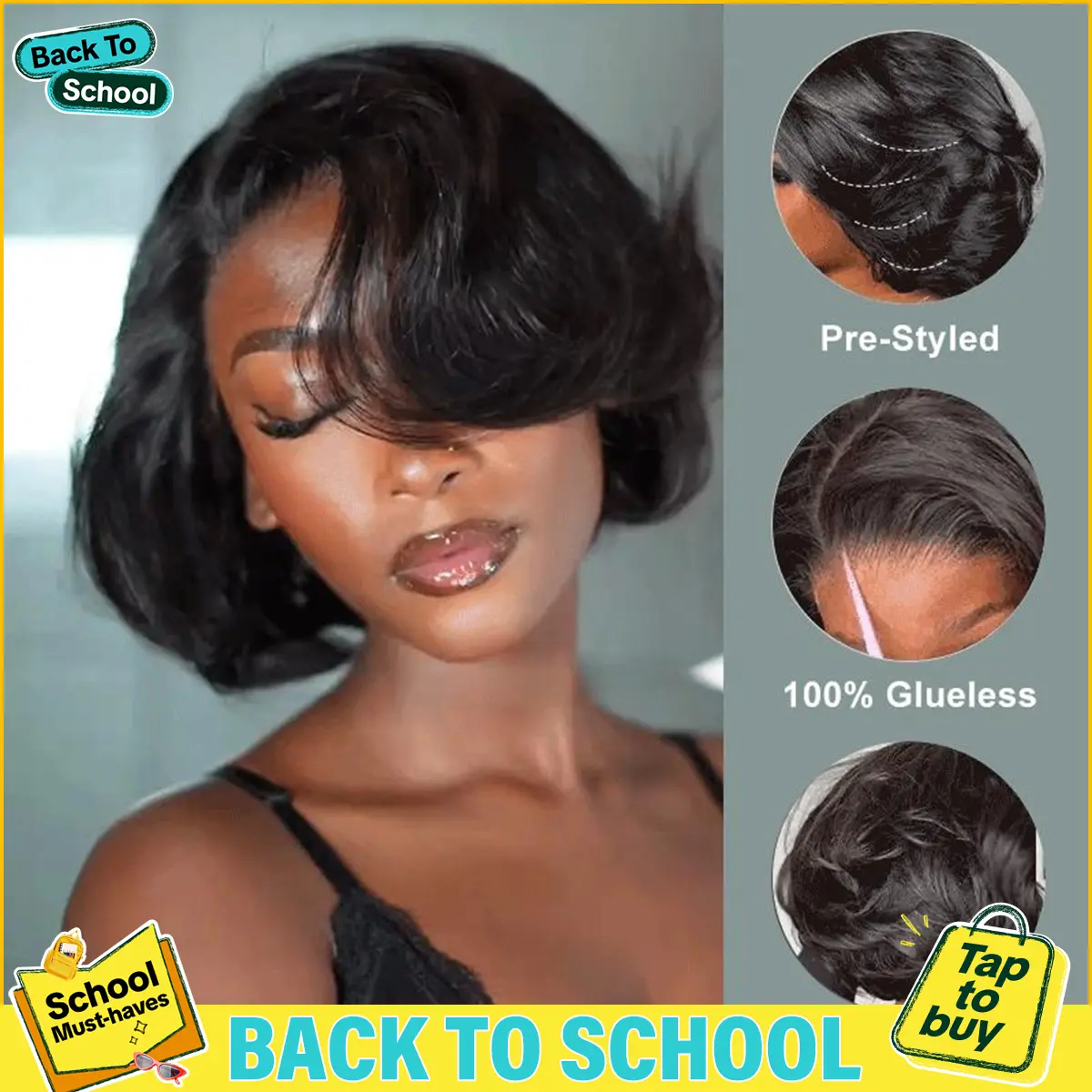 [Summer Must Have] Bgmgirl Blowout Short Bob Straight 7x5 Lace Wear Go Pre-Styled C Part Design Wig Pre-Bleached Tiny Knots Natural Black & Brown Highlight Glueless 100% Human Hair Wig Colored Wig Summer Style summer outfits back to school shopping
