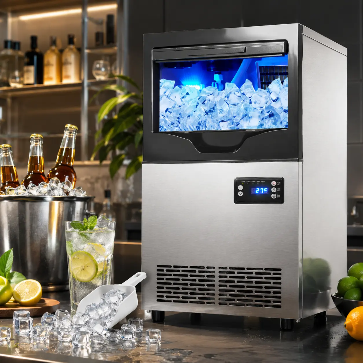 Commercial Ice Maker Machine Stainless Steel 100-140LBS Per Day, Freestanding Under Counter Built-in Ice Maker with LCD Display, Auto Self-Cleaning, Water Filtration, 3 Adjustable Ice Thickness for Cafe Hotel Office