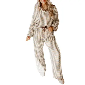 Znacicc Chic Winteroutfit Striped Lounge Set for Women Elegant Collared Knit Top & High Waisted Wide Leg Pant Outfit Comfortable Loungewear Ensemble Long Sleeve Womenswear Homewear Pjs Nightwear Pajama Style Casual