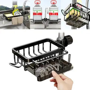 Kitchen Sink Drain Rack, Faucet Organizer Shelf, Multi-Functional Cloth Storage Holder with Drip Tray, Water Tap Stand