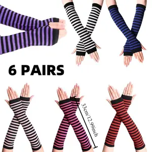 6 Pairs Long Fingerless Gloves for Women Knit Thigh High Striped Arm Warmer Thumb Hole Stretchy Gloves
