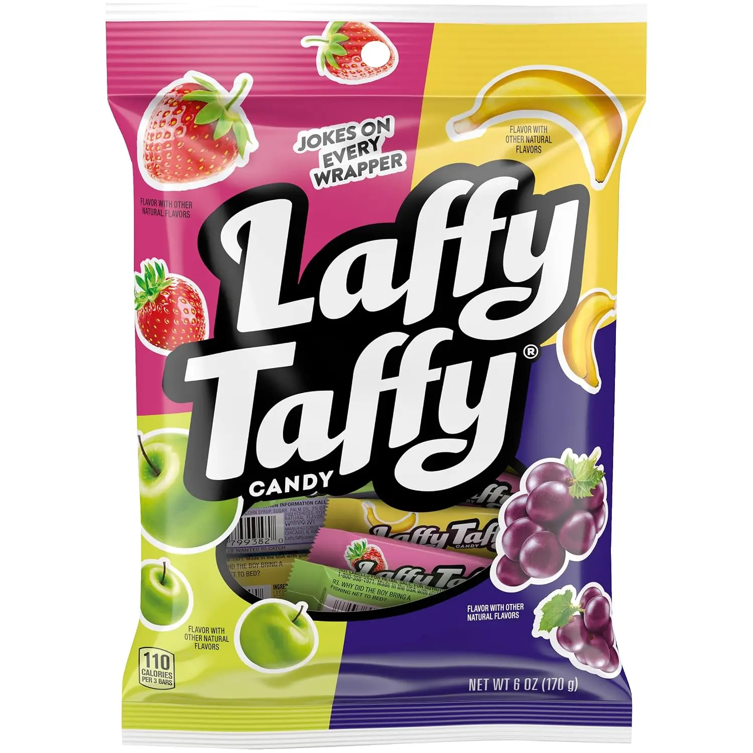 Laffy Taffy Assorted Mini Bars, Fruity Candy, Individually Wrapped, 6 oz | Sour apple, cherry, strawberry, banana taffy, mini bars, individually wrapped, jokes on wrapper, sharing