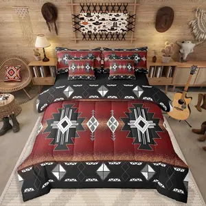 Feelyou 7-Piece Western Rustic Bedding Set - Breathable Cloth Southwest Geometric Aztec Sheet & American Native Comforter Set, for Boys, Vintage Bohemian Bed in A Bag (Red Black), Seven Pieces