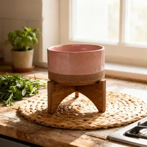 Hand-Crafted Ceramic Lava Pot on Wood Stand Pink and Mauve 5.1" Indoor Plant Planter
