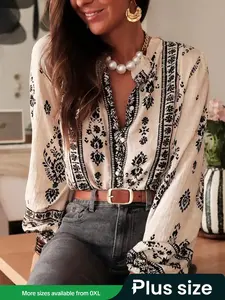 Plus Size Women's Boho Style Lantern Sleeve Loose Shirt Top, All Season Woven Fabric, Moderate Thickness, Fitted Design