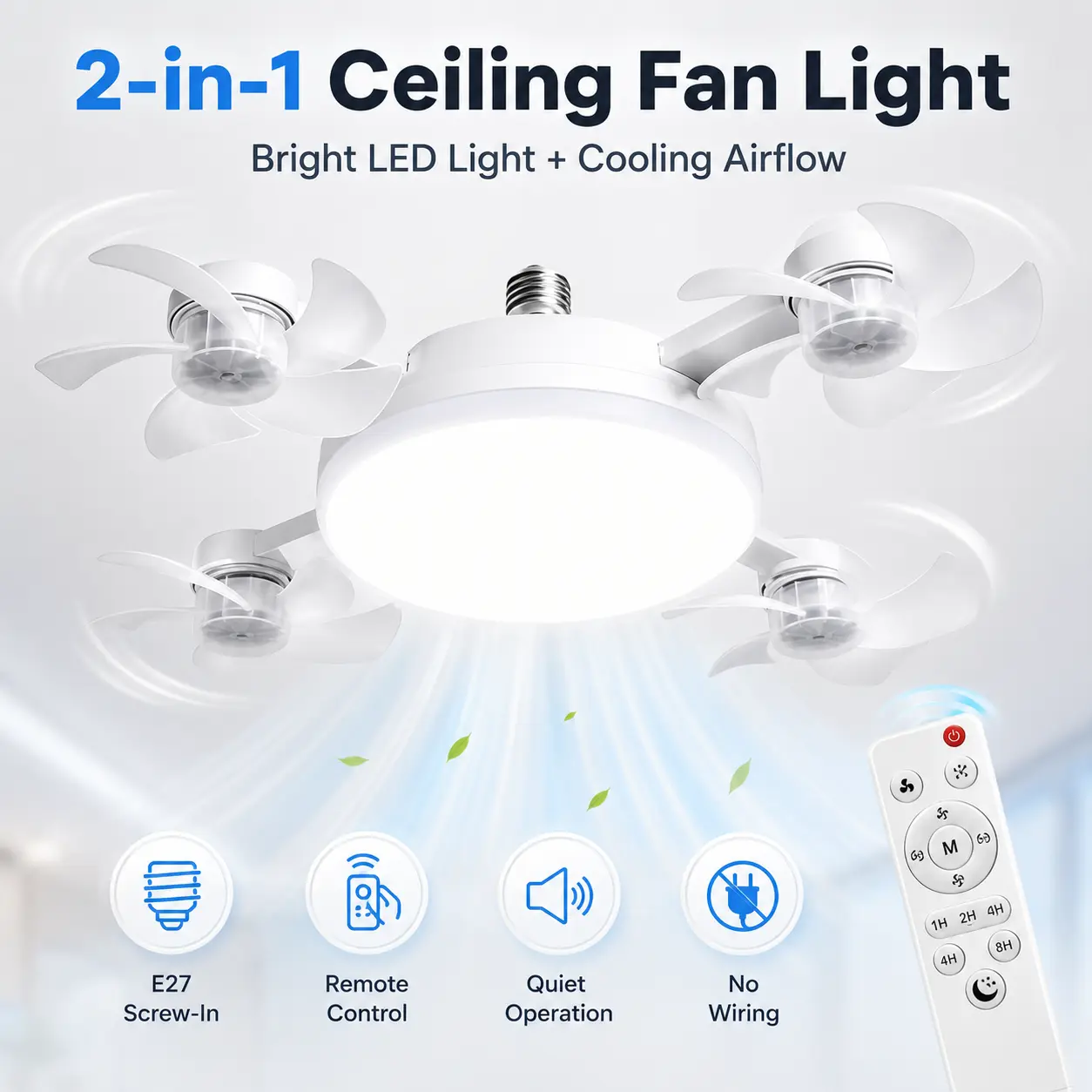 E27 Socket Ceiling Fan Light, 2-in-1 LED Fan with Remote Control, Quiet Cooling Light for Bedroom, Kitchen, Living Room & Home