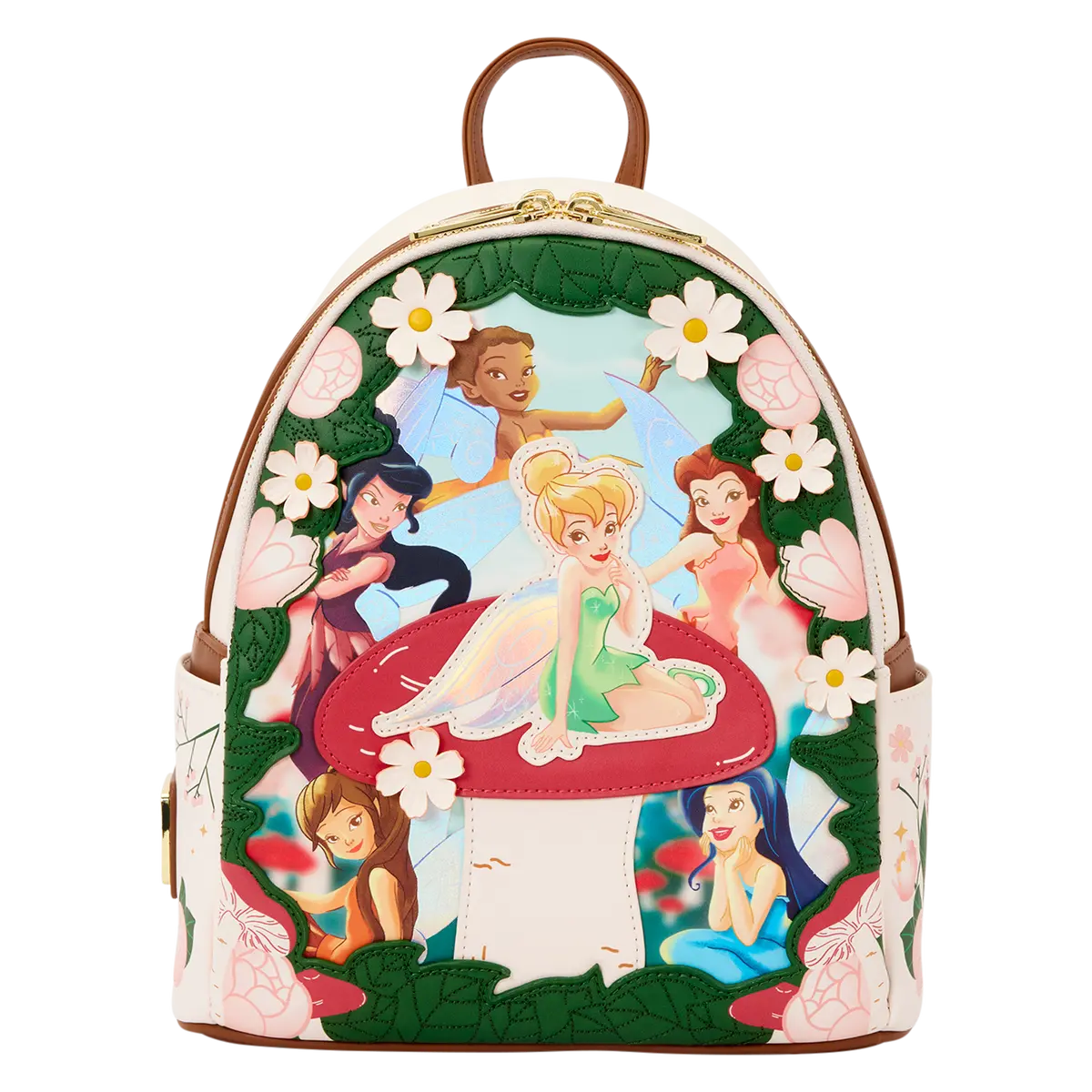 Loungefly Disney Tinker Bell & Friends Fairy Print Mini Backpack, Faux Leather Bag with 3D Flowers and Iridescent Details, Casual