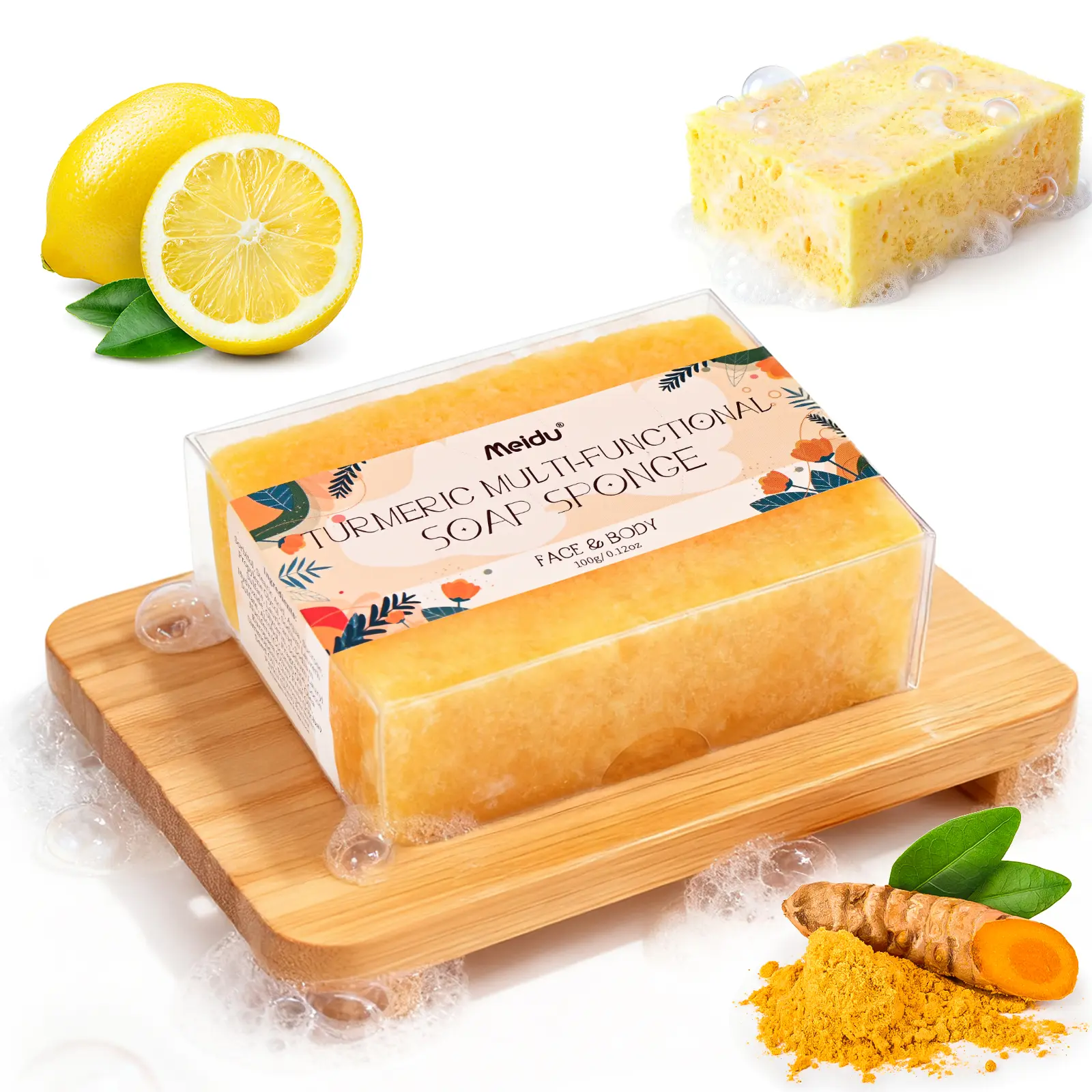 MEIDU Turmeric Multi-functional Bath & Body Soap Sponge - Gentle Cleansing, Exfoliating, Moisturizing, Hydrating & Brightening for Face & Body, with Coconut & Olive Oil, Ideal for Acne & Dark Spots, All Skin Types, Shea, Body Care