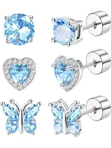 3 Pairs 20G Birthstone Stud Earrings Jewelry Silver 925 for Women Earrings Flat Back Ear Cartilage Multicoloured CZ Heart Butterfly Hypoallergenic Birthday Gift, Sterling Silver Heart Shape Earrings