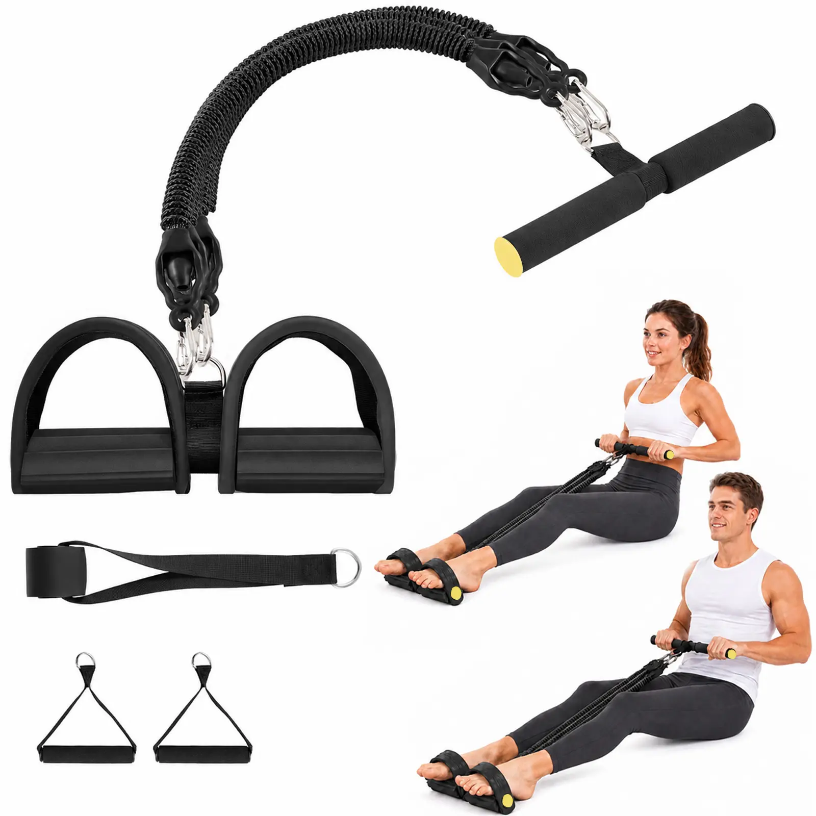 AddWin L10 Upgrade Foot Pedal Resistance Bands with Handles, 4-Tube Adjustable Resistance, Portable Full-Body Workout Kit with Ankle Straps & Stirrup Puller for Abdomen, Waist, Arm, Core/ABS, Leg, Yoga, Sit-ups Training, Men Women Home Fitness