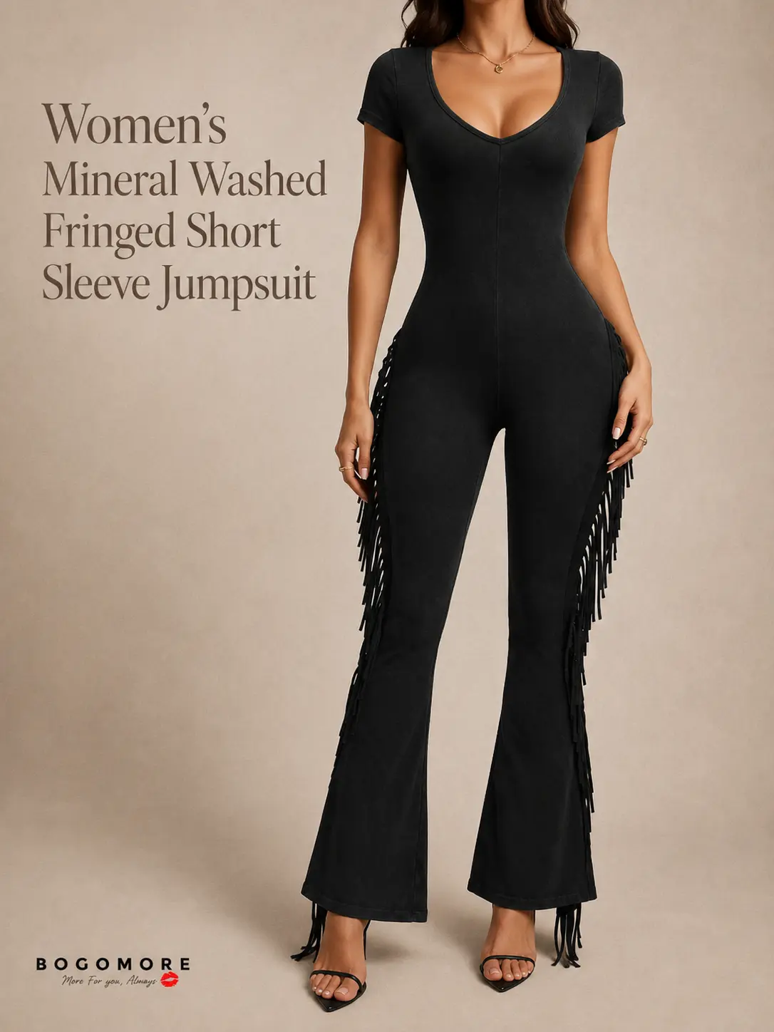 BOGOMORE Women's Mineral Washed Fringed Detail Short-Sleeve Jumpsuit - Black Basic Overalls, Fashion Fit, Minimalist Sexy Design, Playful Flair for Statement Look (Jumpsuits for Women)