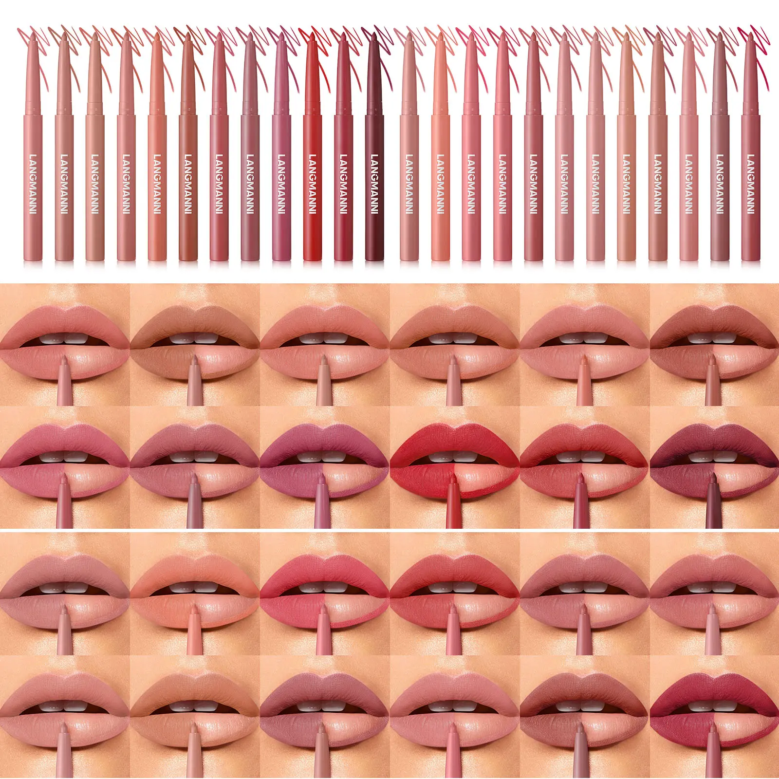 LANGMANNI 24 PCS Matte Velvet Lip Liner Set - Pen-Shaped Make Up, Smooth Creamy Texture, Waterproof, High Pigmented, 24-Hour Wear Long-Lasting Lipliner for Daily Lip Makeup, 24-Hour Wear Lipliner