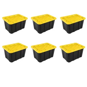 27 Gallon Durable Plastic Storage Tote with Snap-On Lid, Black and Yellow, 6 Pack