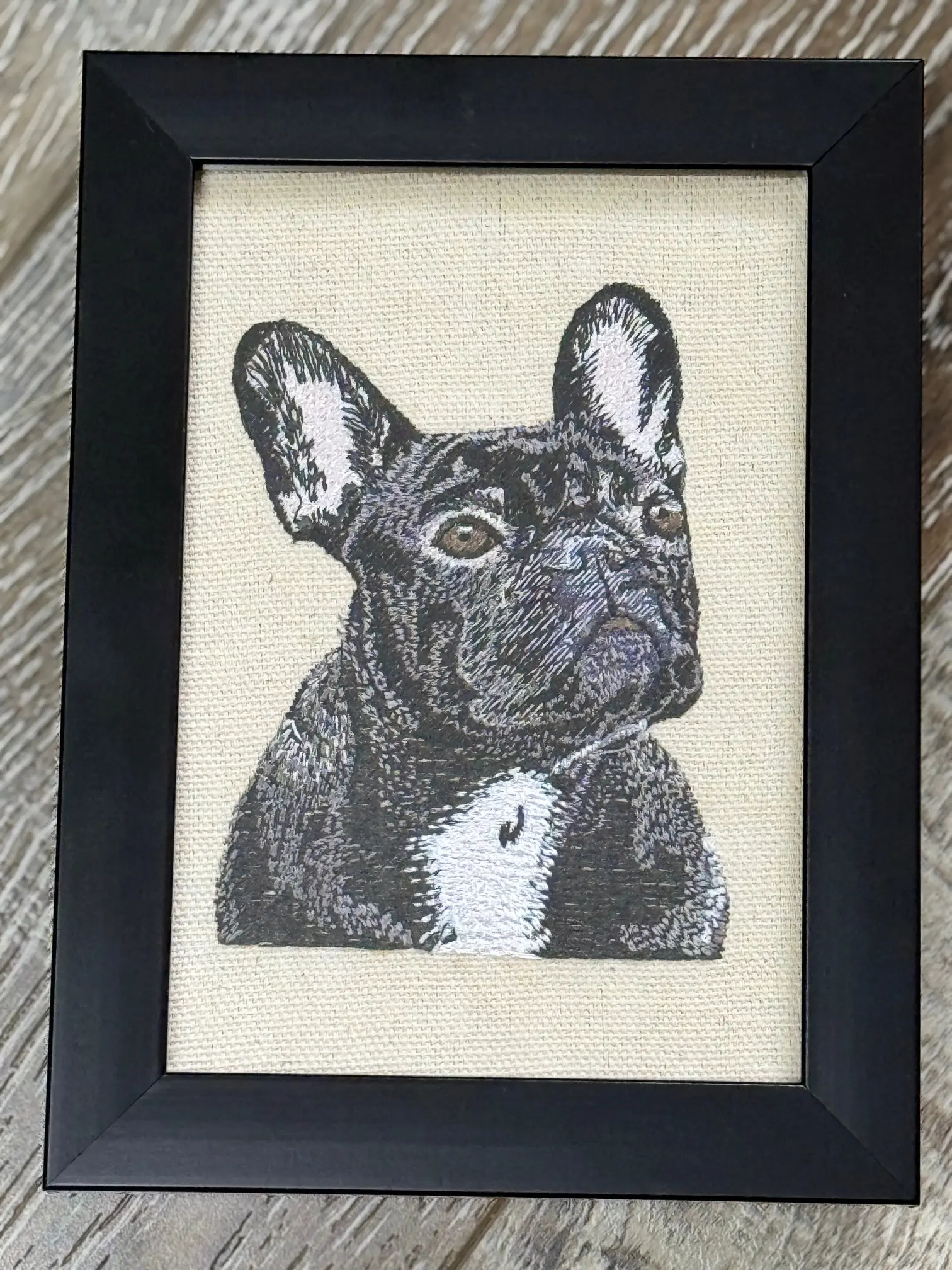Machine-Embroidered Framed French Bulldog (Frenchie) Artwork, Unique Canine Charm Tabletop Sign, Home or Office Decor, Other Dog Breeds & Designs Available