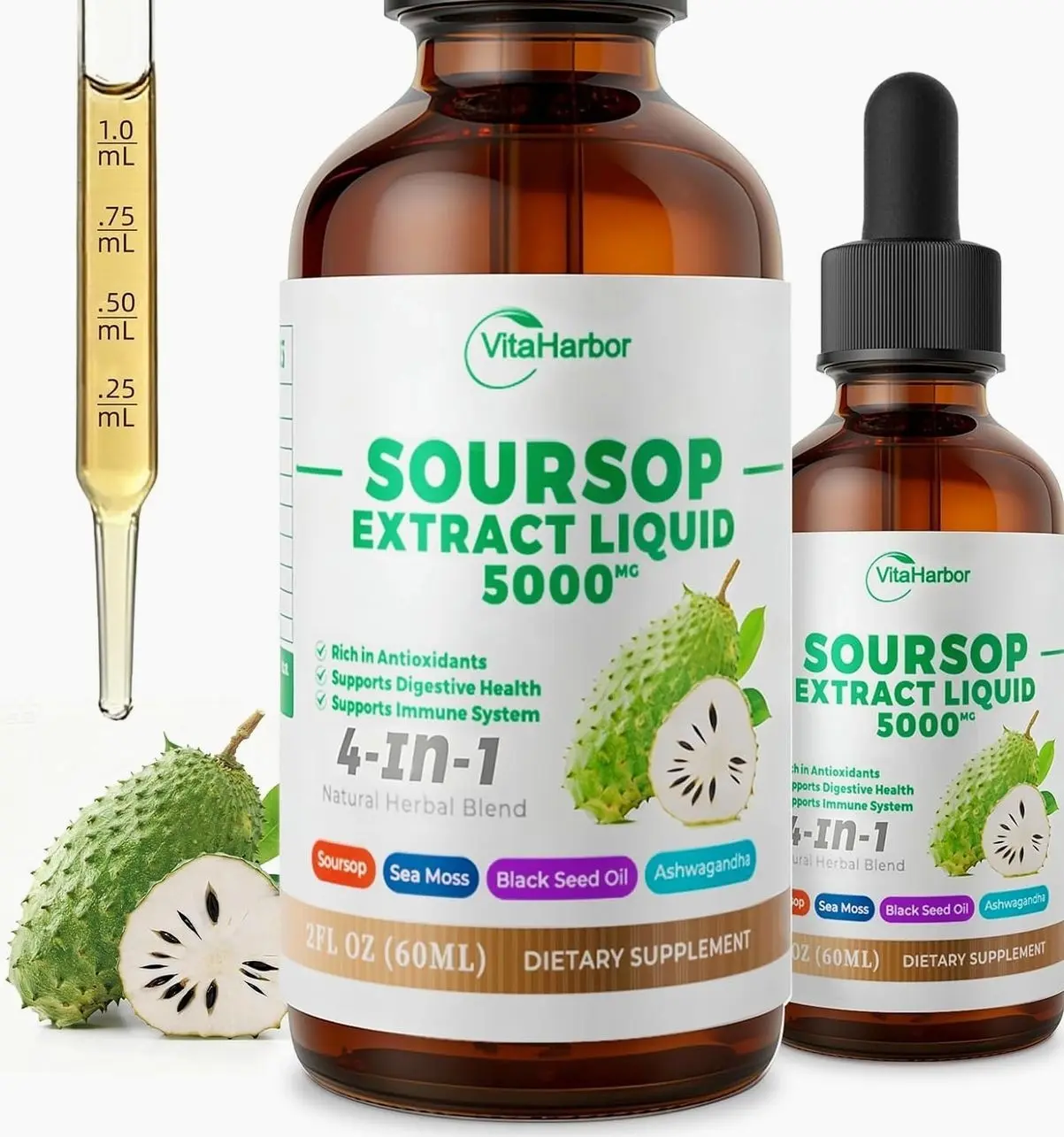 4-in-1 Soursop Bitters Liquid, Soursop Oil with Sea Moss & Black Seed Oil & Ashwagandha, for Immune & Digestive & Cell Support, Sugar-Free | Non-GMO | Vegan (2 Fl oz) Slightly Sweet Flavor