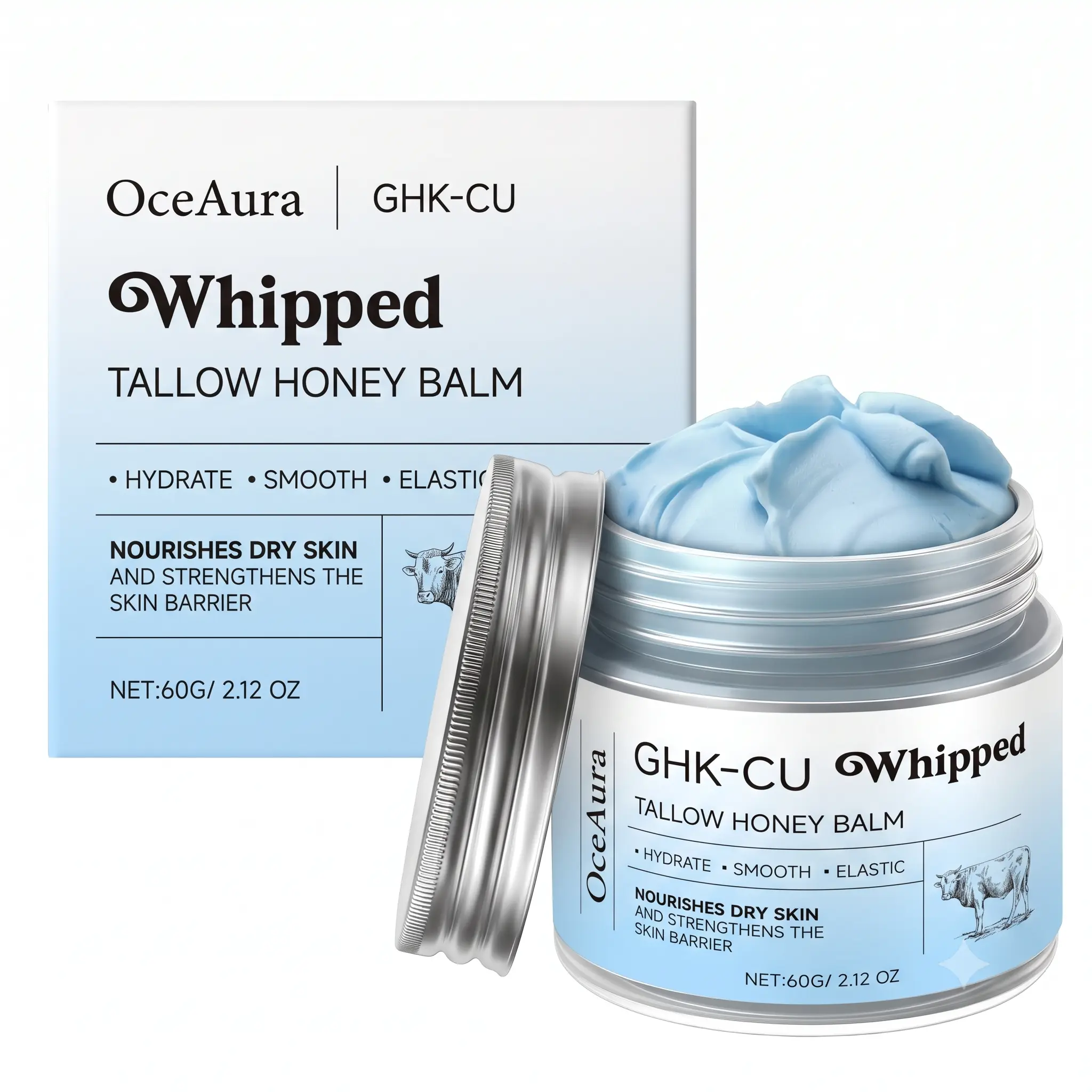 GHK-CU Peptide Beef Tallow for Skin, GHK-CU Whipped Tallow Honey Balm with Methylene Blue and Manuka Honey, Nourishing Body Moisturizer, for Dry & Sensitive Skin, Firming Skin for Improve Wrinkles and Fine Lines, 2.12 oz