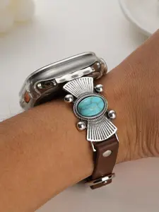 A Vintage Turquoise Inlaid Watch Strap, Smart Watch Straps, Compatible with Se/1-9 Series, Suitable for Apple Watch Series 38-49mm, Zinc Alloy, Foldable Clasp, Women's Fashionable Smart Watch Accessories