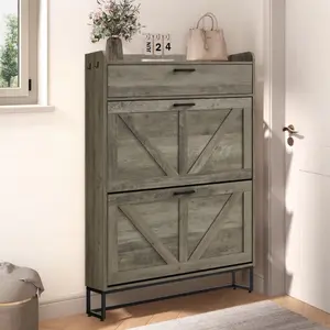 Farmhouse Style Freestanding Shoe Cabinet with 2 Flip Drawers, Large Capacity Storage for Entryway, Adjustable Compartments, Heavy Duty Build, Side Hooks Included, Oak Gray