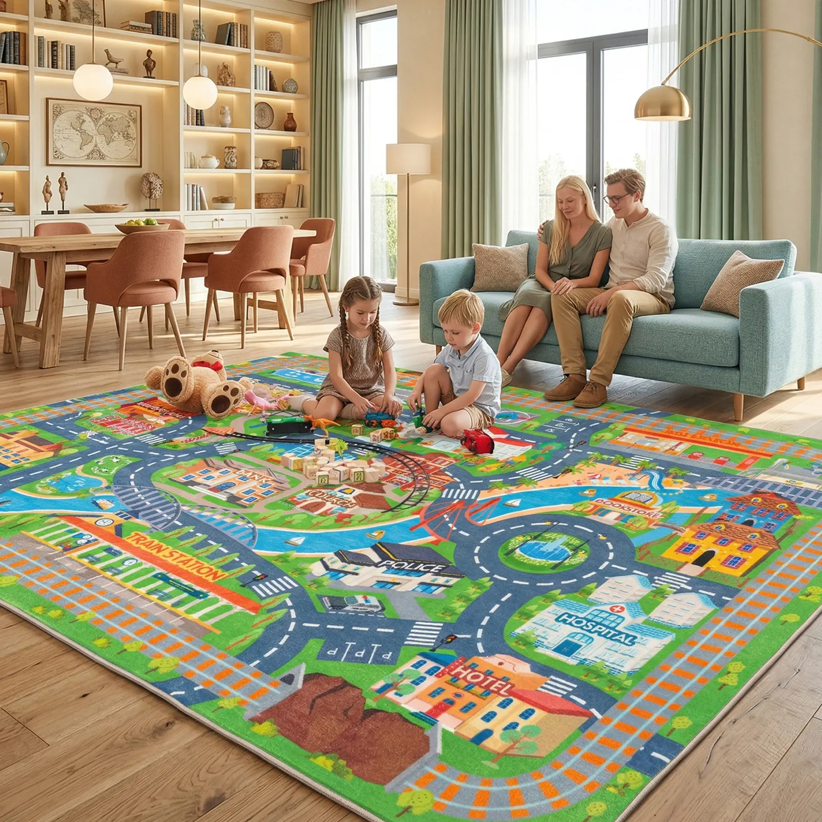 【Back to School】PLUMLIK Children's Town Educational Kids Car Road Rug Play Mat, Kid room decor Large 4x5 Area Rug with Train Track City Map, Non-Slip Machine Washable Town Map Carpet for Toy Cars Playroom & Bedroom, Boys & Girls Gift