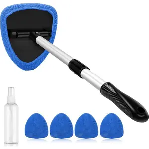 Car Windshield Cleaner Tool, Inside with 4 Reusable and Washable Microfiber Pads and Extendable Handle, Moisture Removal Tool