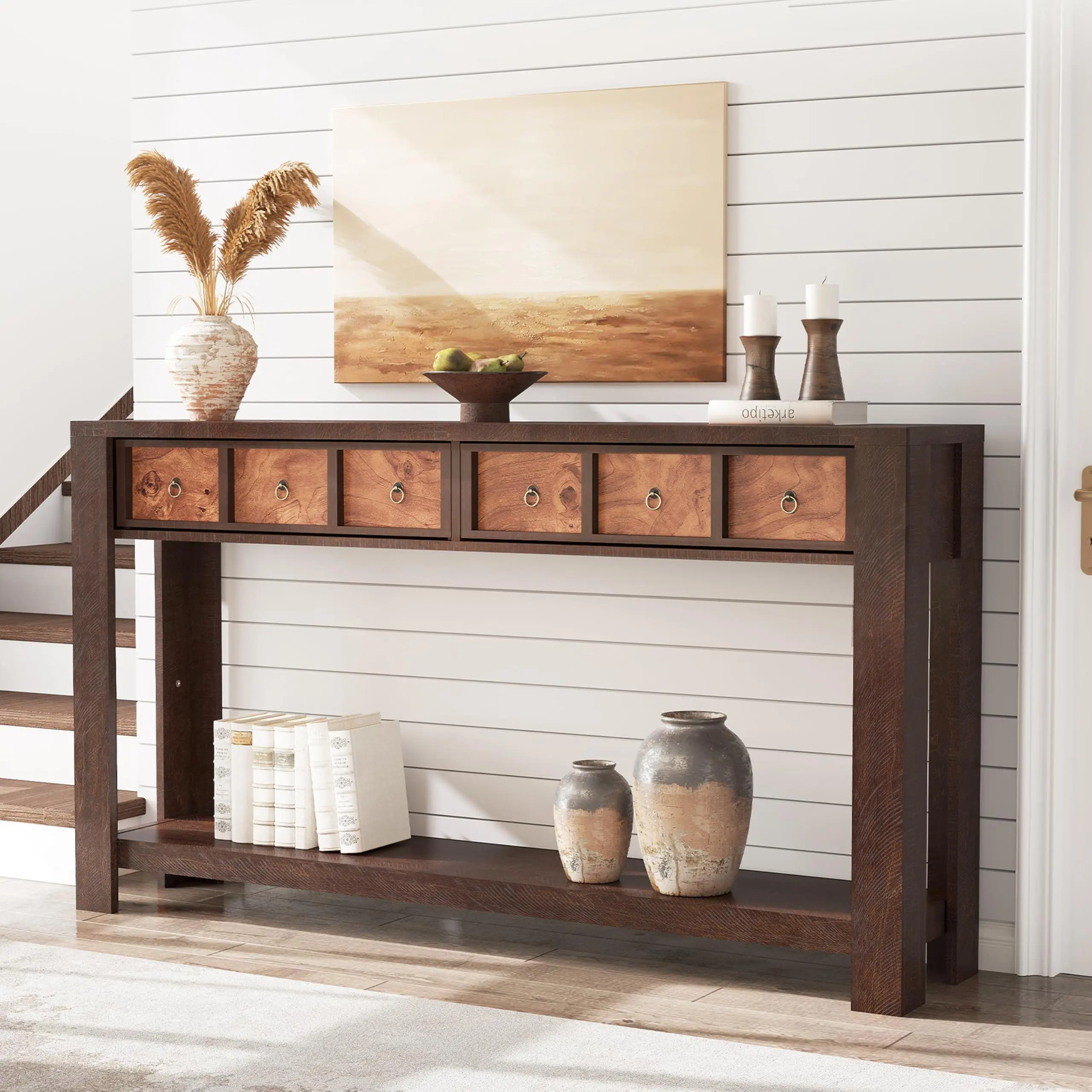 GARVEE 59-in Farmhouse Wooden Console Table - 2 Drawers, Open Storage Shelf, Ideal for Entryway, Living Room, Behind Couch