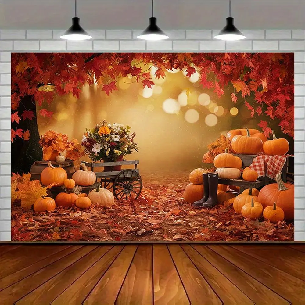 1pc Modern Farmhouse Autumn Maple Leaf & Pumpkin Party Decoration Banner, Vibrant Fall Flower Backdrop with Rustic Amber Glow Polyester Home Decoration, Festive Wall Decor for Birthday, Seasonal Celebrations, Party Decorations Banners
