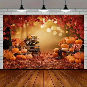 Modern Farmhouse 1pc Autumn Maple Leaf & Pumpkin Party Banner Vibrant Fall Floral Backdrop with Rustic Bench Scene Amber Glow Polyester Home Decor for Seasonal Celebrations Wall Room Decoration Outdoor Dec