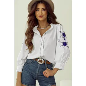 White Floral Embroidered Bracelet Sleeve Shirt
