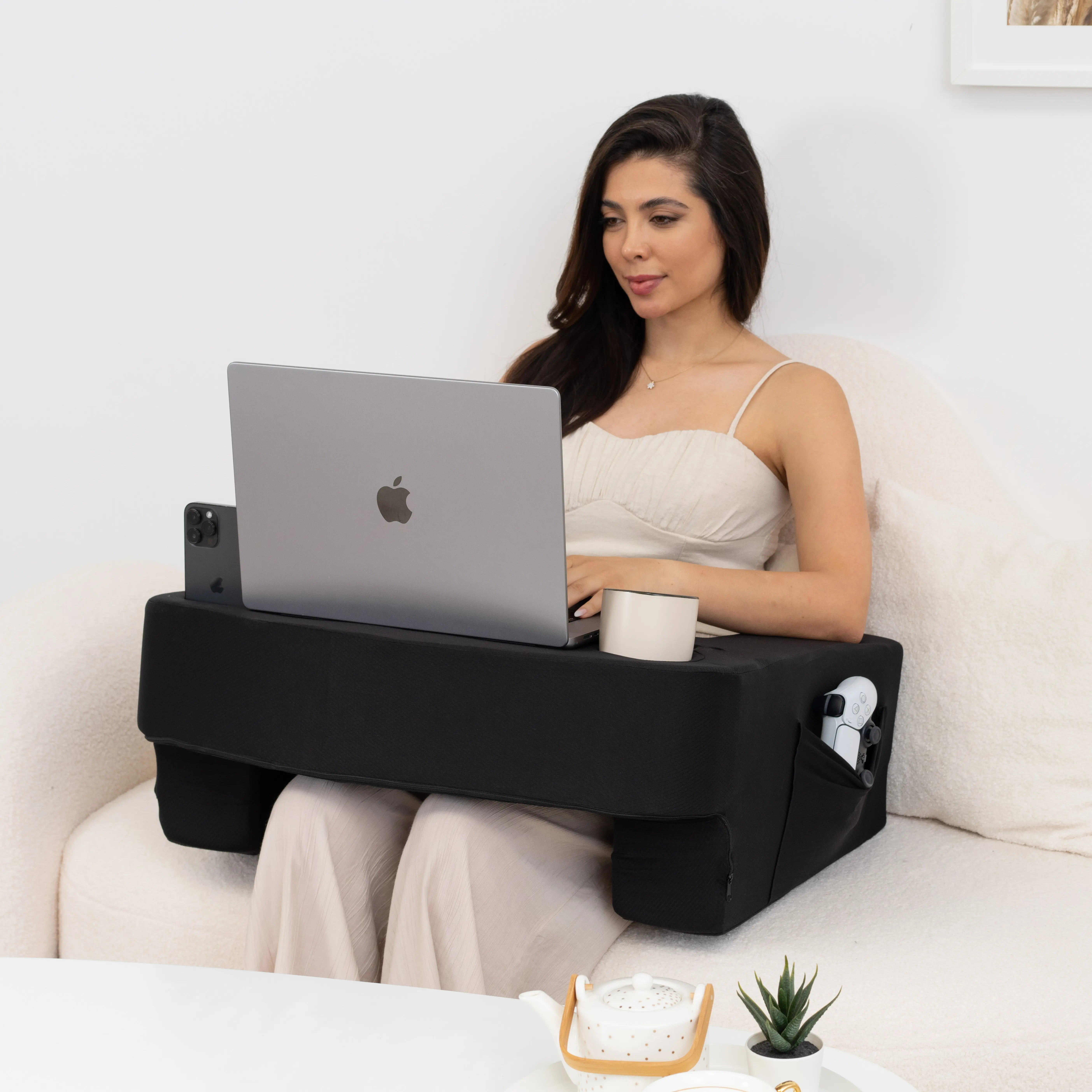 Reading Pillow for Gaming – XL Lap Desk, Cup & Phone Holder & Pockets | 27in wide x 22in tall | Pockets for controllers & cables | Armrests | Adjustable height | Gaming, work & reading
