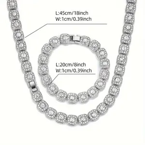 2pcs Luxury Men's Jewelry Set, 10mm Wide Square Chain with Ice, Classic and Attractive Bracelet and Necklace for Daily Wear and Special Occasions