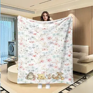 Vintage Floral Winnie-The-Pooh Blanket, Creative Digital Print Flannel Throw, Thanksgiving Valentine Christmas Gift, Holiday Decorative Blanket
