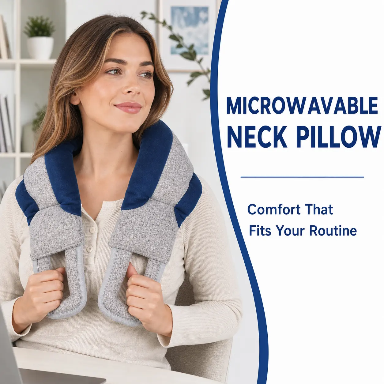 Microwavable Neck Pillow with Handles, 31.5 x 5 in Weighted Flaxseed Neck and Shoulder Wrap, Reusable Hot and Cold Pack, Navy and Gray