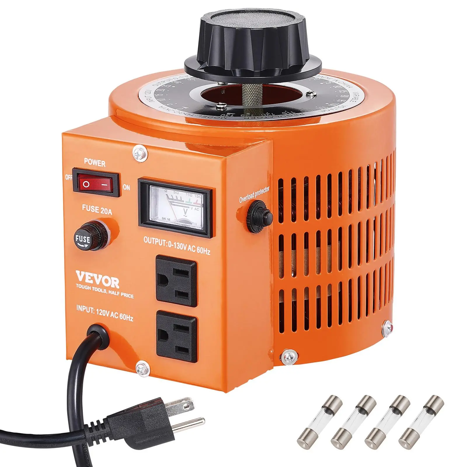 【summerfinds】VEVOR 2000VA Auto Variable Voltage Transformer, 15.3 Amp, 110V Input 0-130V Output AC Voltage Regulator Power Supply, with 4 Extra Fuses Thermal Control Switch for Home Industrial Office