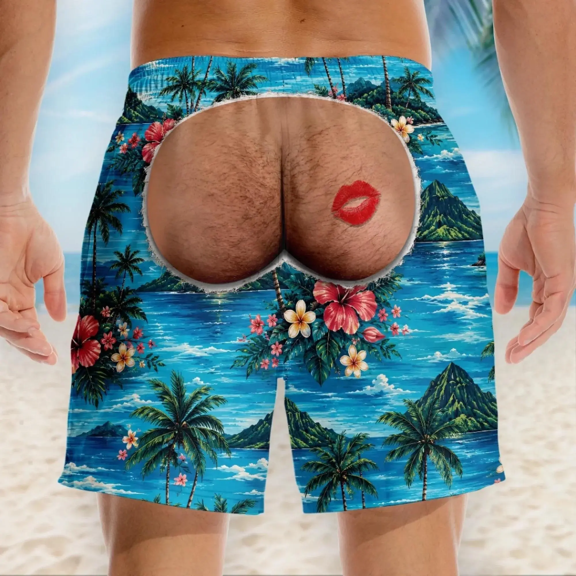 Funny Men’s Swim Trunks, HG Custom Fake Butt Beach Shorts, Personalized Birthday Gag Gift for Him