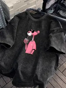 Men'S 230g Heavyweight Vintage Washed T-Shirt with Pink Graphic Print - Soft Distressed Texture, Loose Fit Streetwear Style, Round Neck Short Sleeve Casual Summer & Fall Essential, Machine Washable Retro Cartoo