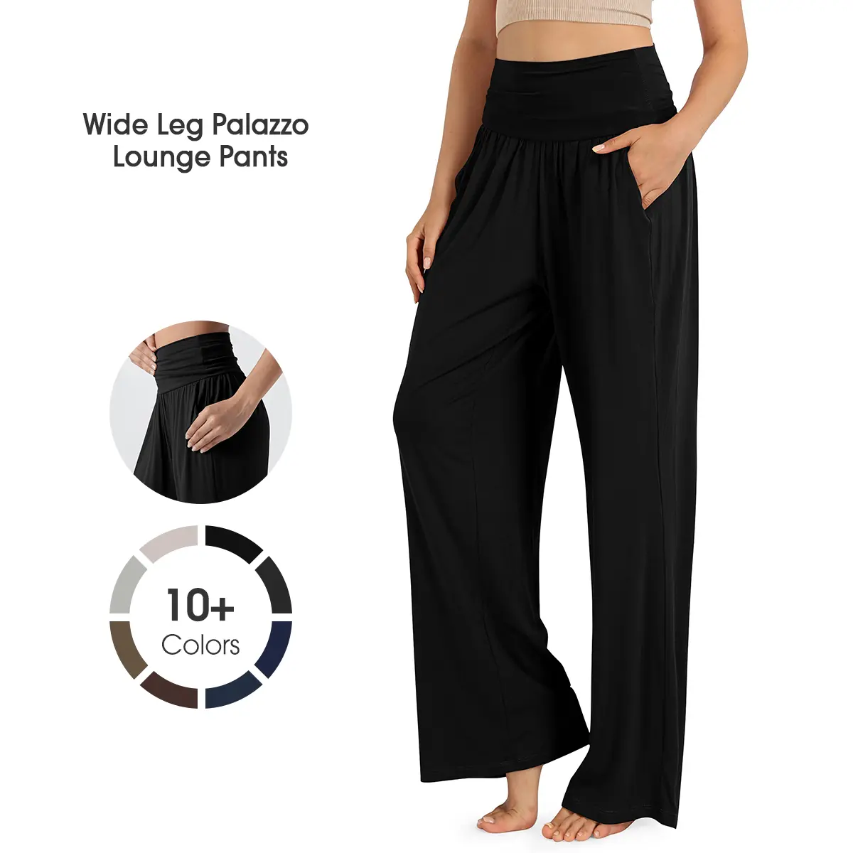 ODODOS Women's Palazzo Lounge Pants, Soft Breathable Wide Leg Trousers with Pockets, Comfortable Fold-Over Waist, Loungewear, Stretchy, Nightwear, Lady, Fabric, Basic, Baggy Wide Leg Pants