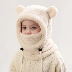 Kids Winter Cute Ski Mask Ear Warmer Balaclava with Hood, Lightweight Windproof Polyester Face Mask, Adjustable Drawstring, Machine Washable, White with Black Accents, Motorcycle Protective Gear for Skiing, Cycling