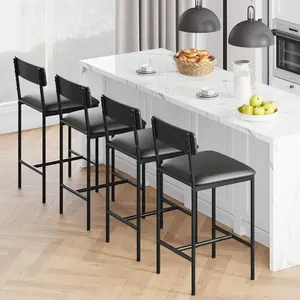 Bar Stools Set of 4 Upholstered Counter Height Bar Stools with Backrest and Footrest Kitchen Barstools for Island Counter Bar Easy Assembly Black Faux Leather