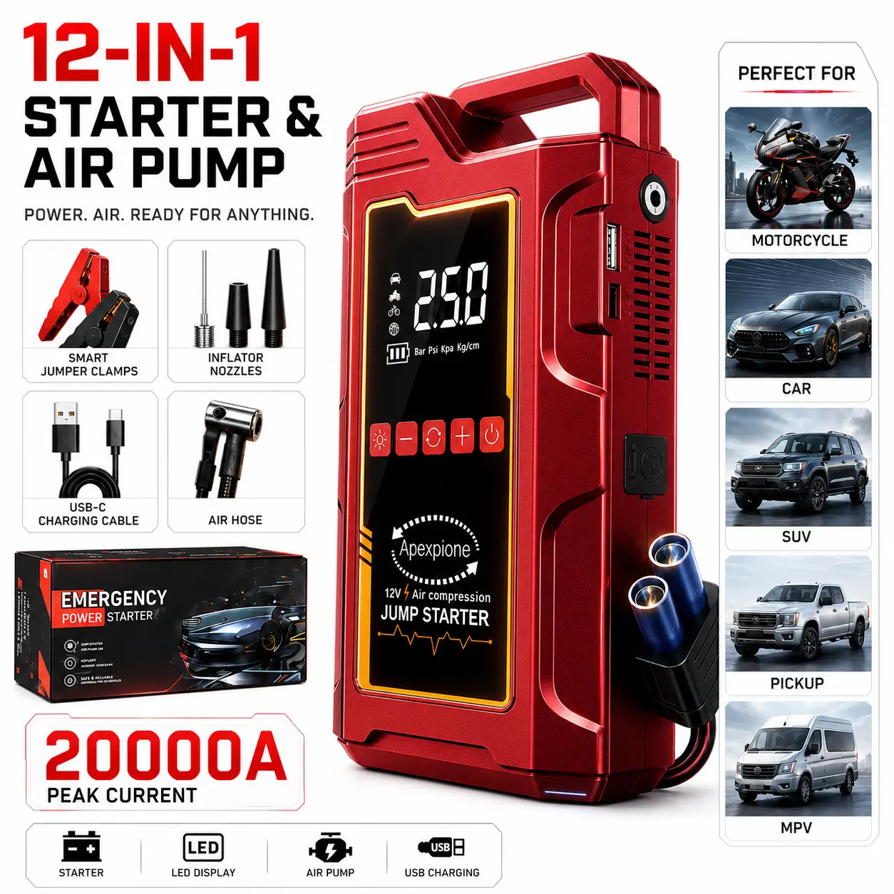 Car Battery Jump Starter with Air Compressor 250PSI, Car Jumper 12V Starter Portable (9L Gas/8L Diesel), Jump Box Car Battery with Auto-Shutoff Tire Inflator, Jumper Cables and Light