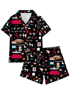 Teen Friends TV Show Lapel Short Sleeve Shorts Pajama Set, Comfortable Sleepwear, Cute Graphic Geometric Print All-Season Summer Loungewear Gift