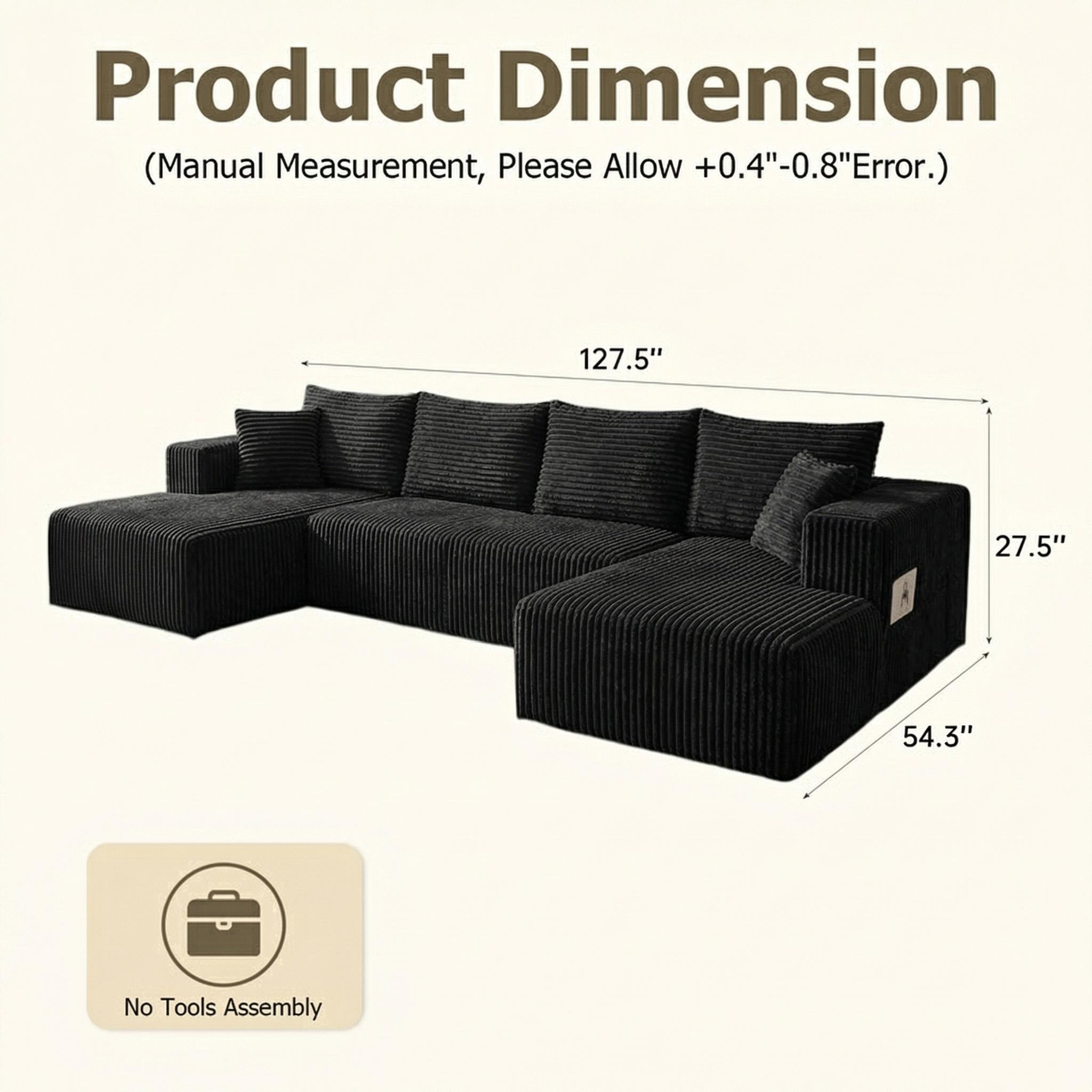 QIMENG U-Shape Modular Sectional Sofa Bed, 3-Package Shipping, Compressed Corduroy & Soft Velvet Fabric, Space-Efficient Deep-Seat Modern Sleeper Floor Sofa for Living Room, Convertible Indoor Sofas, Sofas Living Room