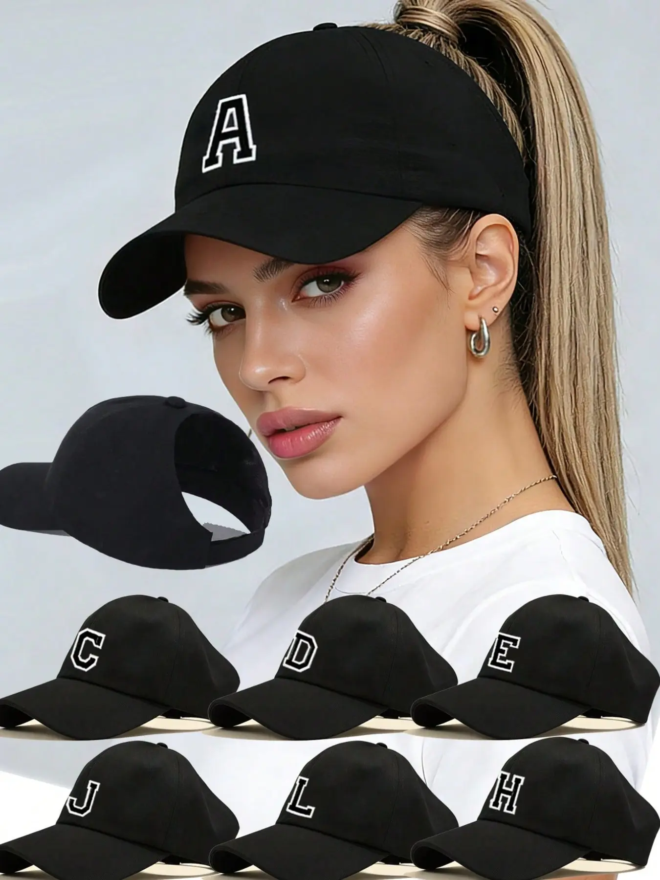 1pc Women Open Back Ponytail Baseball Cap, 26 Letters Embroidered Caps Black Peaked Hat, Outdoor Sun Protection Sports Hat