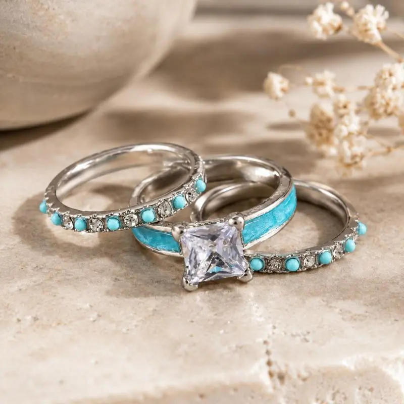 Turquoise Ring Set for Women, 3-Piece Silver Stackable Ring with Square Stone, Boho Jewelry Gift for Hert