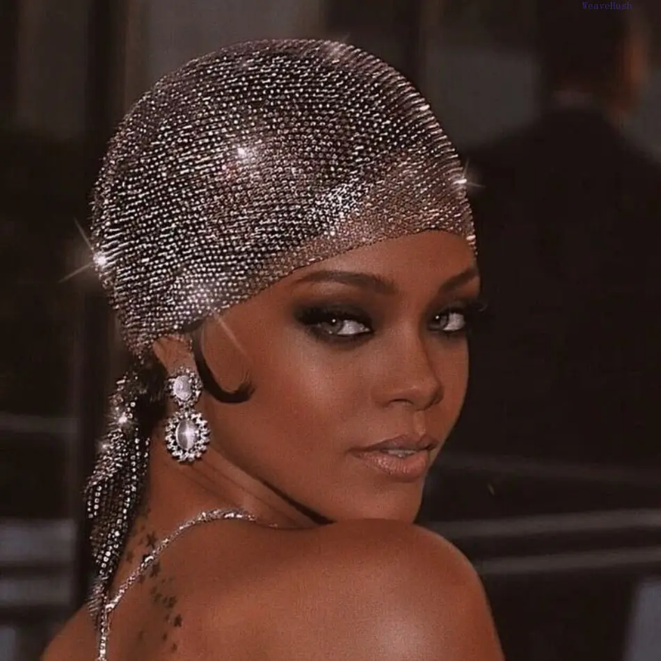 Female Full Rhinestone Fishnet Glamorous Hat, Sparkling Grid Cap with Elastic Band for Party Use, Sports & Outdoor Accessory, Rhinestone Hat, Sparkling Grid Hat