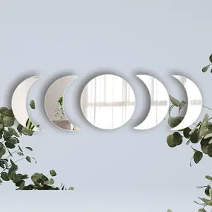 5-Piece Moon Phase Mirror Set Self-Adhesive Bohemian Wall Stickers for Bedroom Living Room Office Decorative Metal Smooth Surface Installation Gift