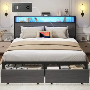 Queen & Full Bed Frame With Storage, 2-Tier Storage Headboard & Built-In Drawers, Metal Platform Bed With USB Charging Station & LED Lights, Noise Free, No Box Spring Needed, Easy Assembly,Rustic Grey wood twinsize bedframe
