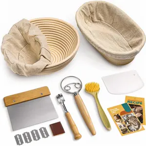 Bread Banneton Proofing Basket Set, 9 Inch Round & 10 Inch Oval Cane Sourdough Baskets with Dough Whisk Lame Dough Scraper Bowl Scraper Silicone Brush Sourdough Bread Baking Supplies